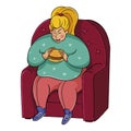 Fat girl eating a burger on a chair. fattened woman eating junk food. Royalty Free Stock Photo